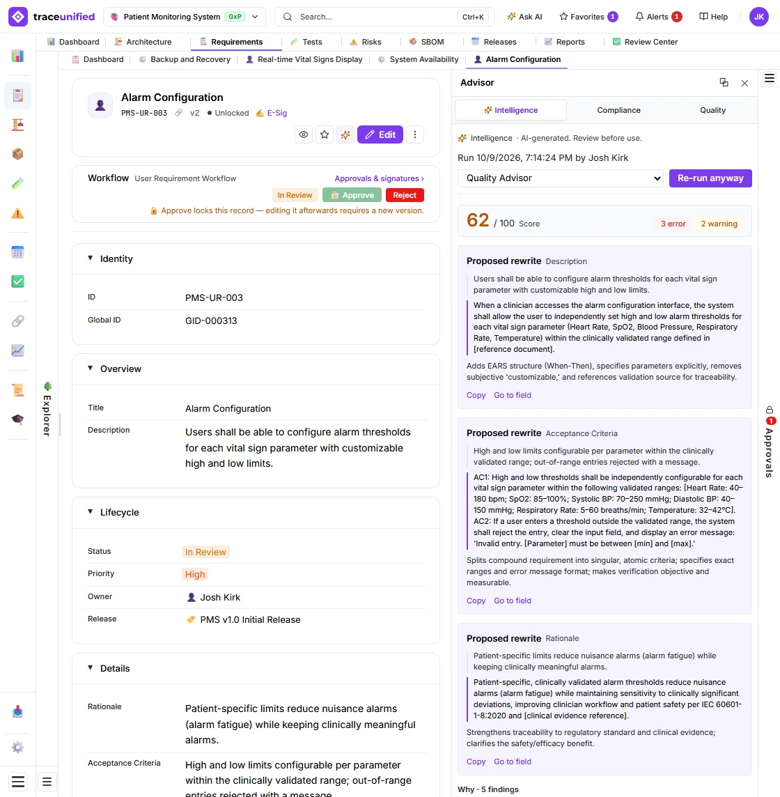 traceunified Advisor view