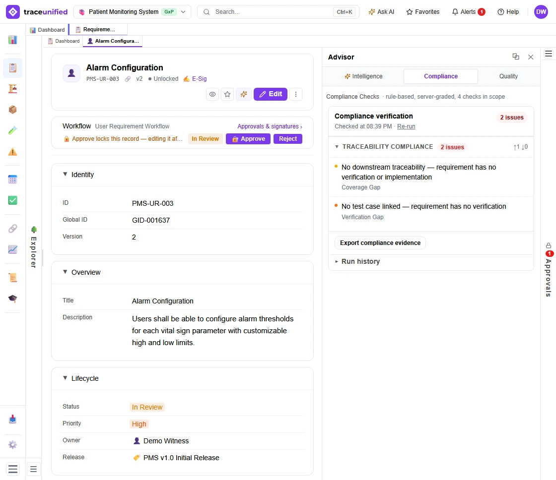 The Advisor’s Compliance tab on PMS-UR-003: rule-based and server-graded with 4 checks in scope, reporting 2 traceability issues — no downstream traceability and no test case linked.