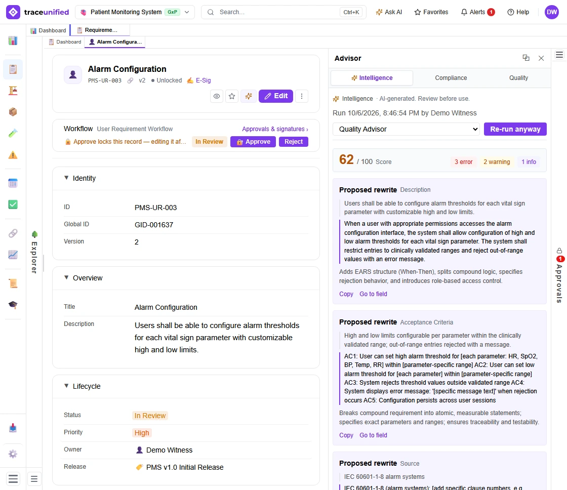 The Advisor’s Intelligence tab on PMS-UR-003 Alarm Configuration: a 62/100 score with 3 errors, 2 warnings and 1 info, and proposed rewrites for the description, acceptance criteria and source.