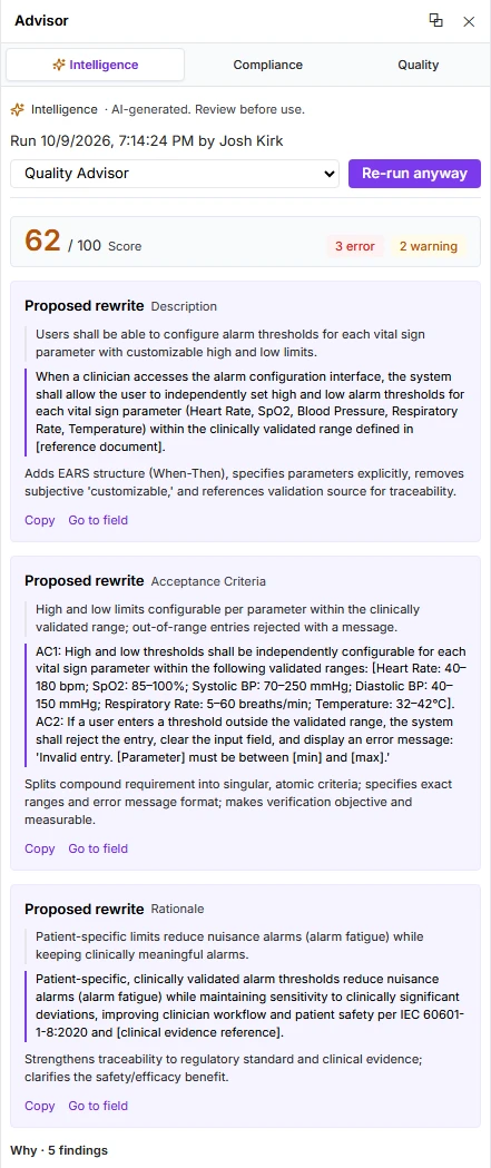 The Advisor panel on requirement PMS-UR-003: Intelligence tab, a Quality Advisor run, a 62/100 score with 3 errors and 2 warnings, and proposed rewrites of the description, acceptance criteria and rationale.