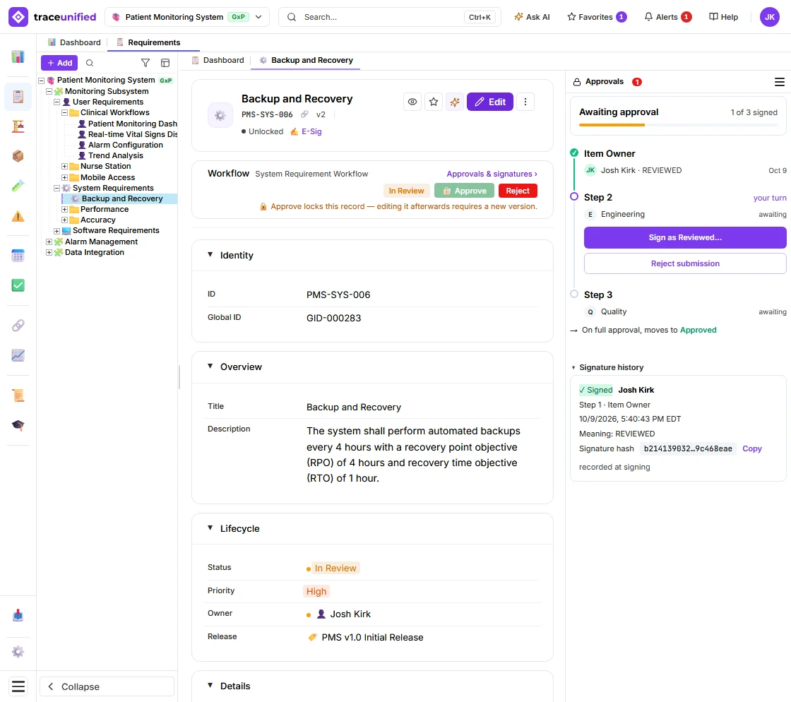 traceunified Approvals view