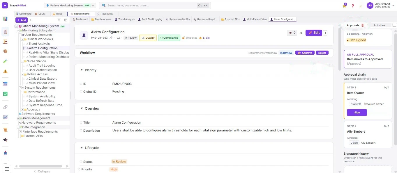 TraceUnified Approvals view