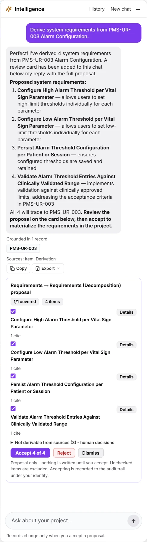 Ask AI decomposing user requirement PMS-UR-003 into four proposed system requirements, each citing the source, with Accept, Reject and Dismiss controls.