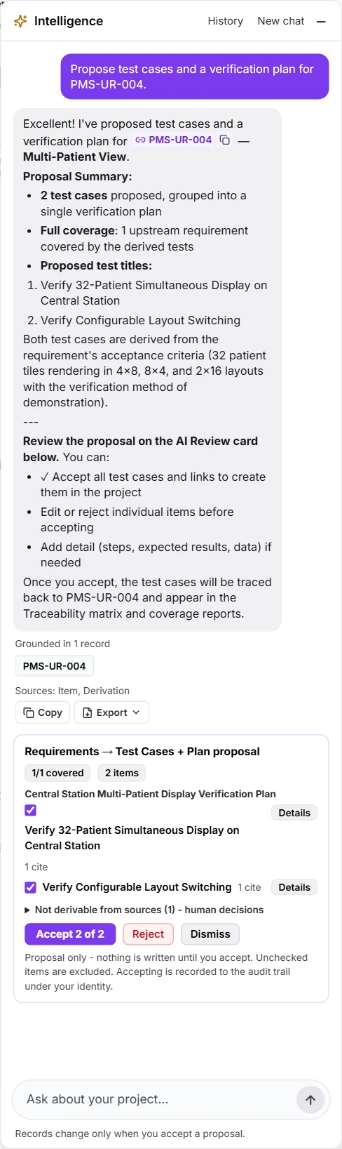 Ask AI proposing two test cases and a verification plan for PMS-UR-004 Multi-Patient View, a user requirement no test verified yet, derived from its acceptance criteria.