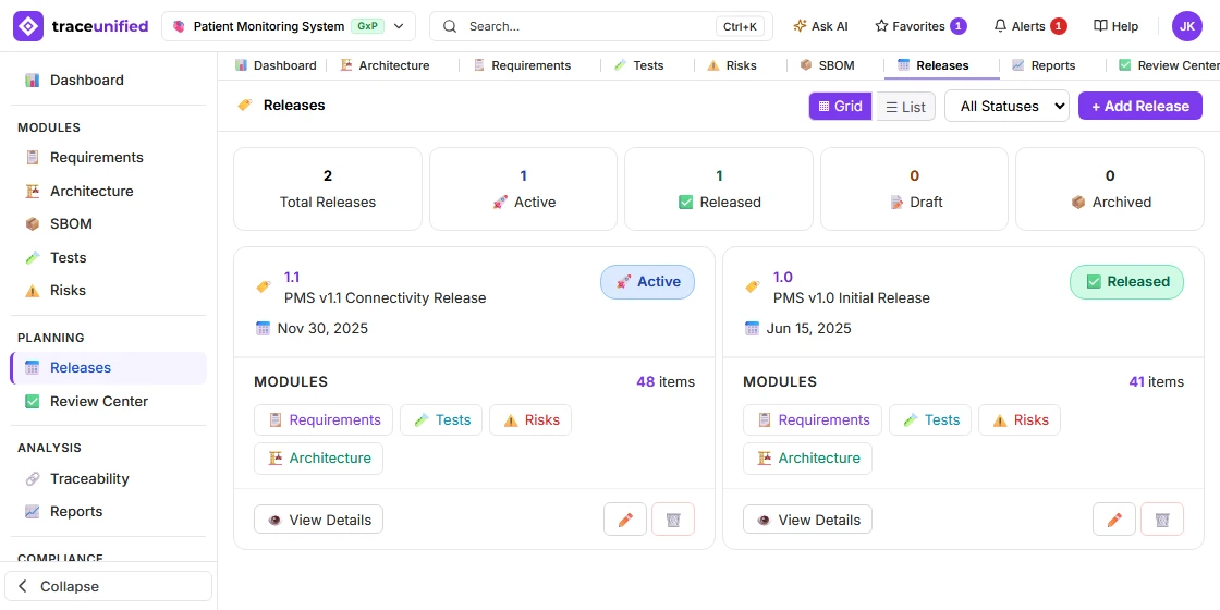 traceunified Releases view