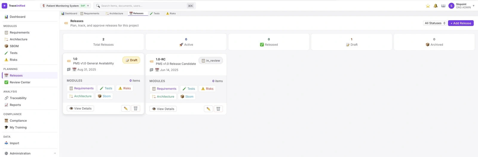 TraceUnified Releases view