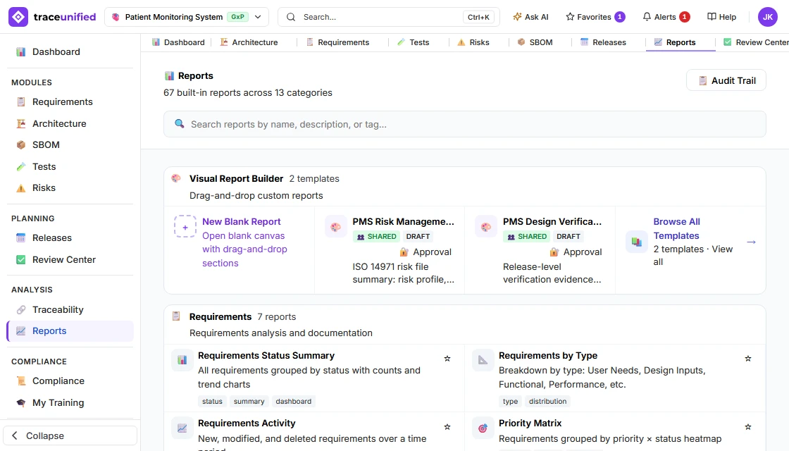 traceunified Reports view