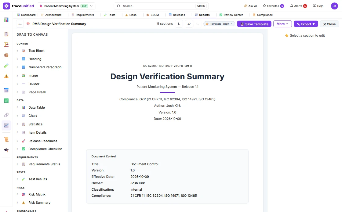 The Visual Report Builder editing the PMS Design Verification Summary: the drag-to-canvas palette of content, data, requirements, tests, risks and traceability sections on the left, and on the canvas the cover page — IEC 62304, ISO 14971 and 21 CFR Part 11, the Patient Monitoring System Release 1.1, author, version and date — followed by the Document Control block and a table of contents.