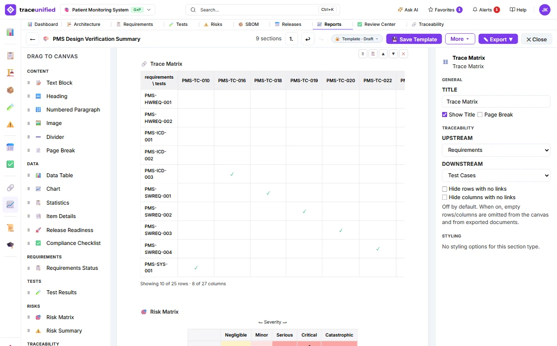 The Visual Report Builder with the Trace Matrix section selected in the PMS Design Verification Summary: requirements as rows against test cases as columns, with a tick where a trace link connects them, and the note "Showing 10 of 25 rows · 8 of 27 columns"; on the right, the section settings for upstream Requirements and downstream Test Cases, and the options to hide rows or columns with no links.