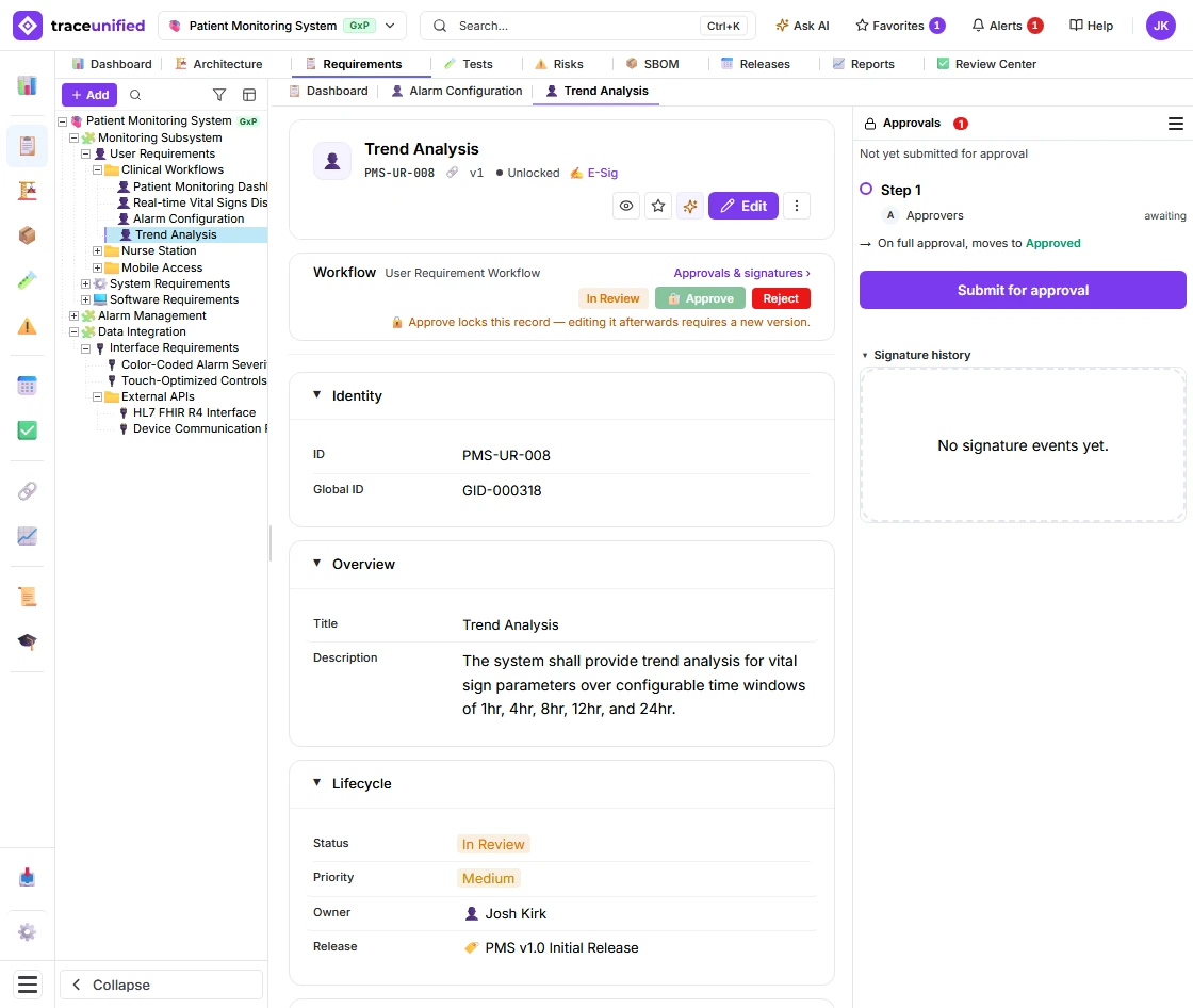 traceunified Requirements view