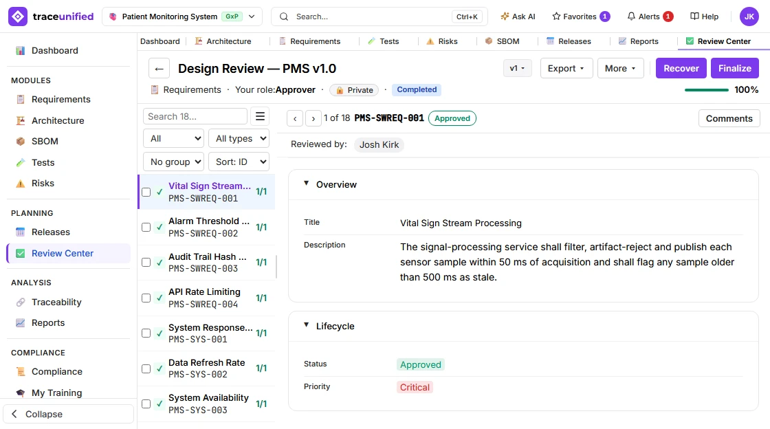 traceunified Review Center view