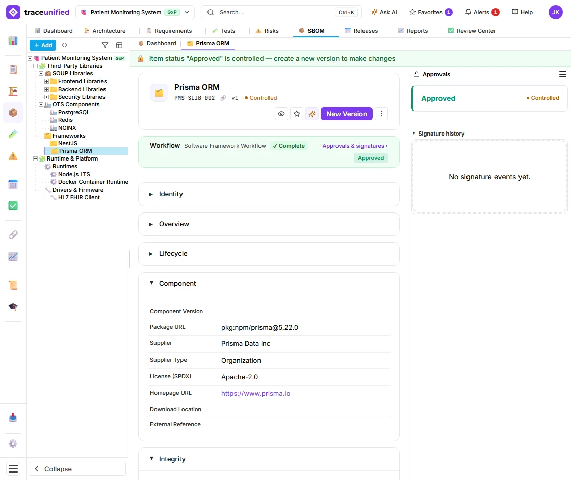 traceunified SBOM view