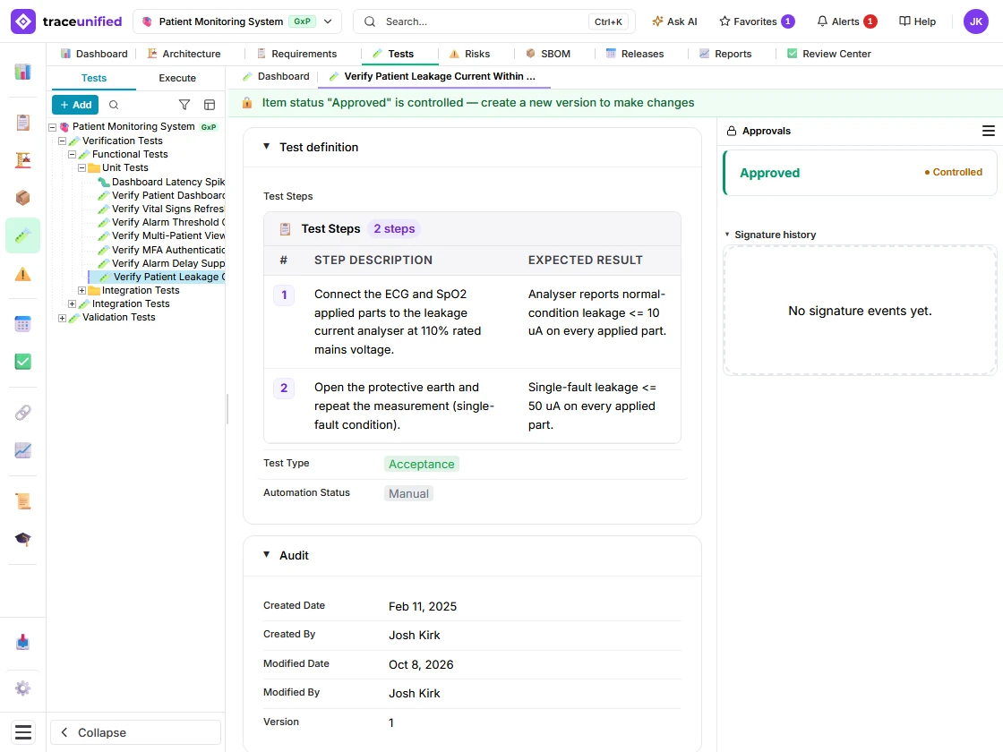 traceunified Tests view